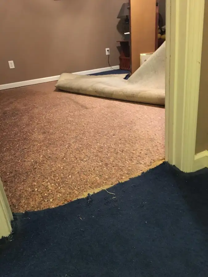 Carpet pad removal revealing water damage during Drying & Dehumidification in Martha Lake
